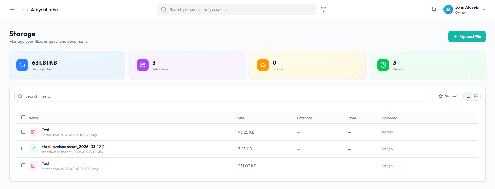 Autvent storage module with file list and usage stats