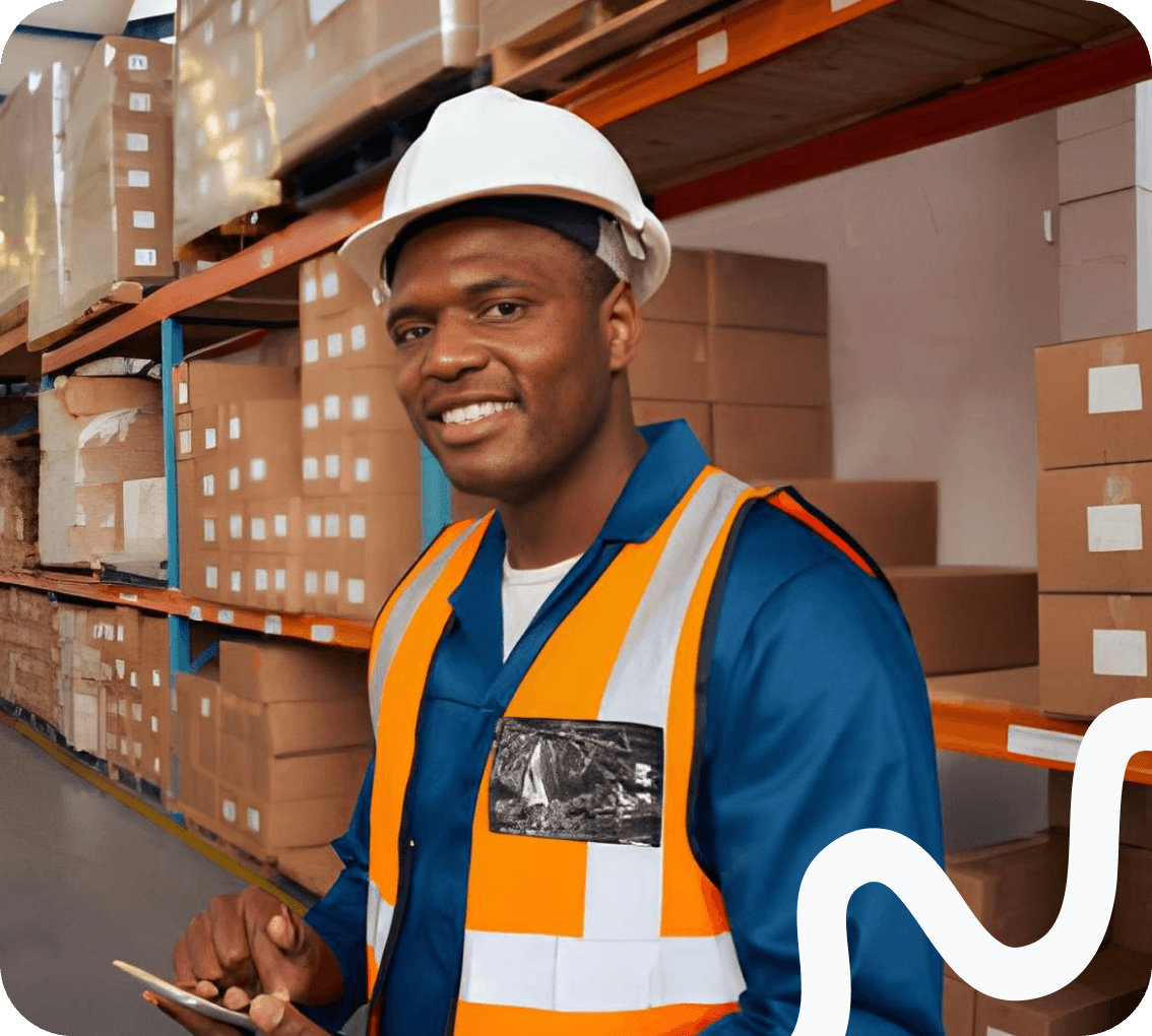 A warehouse worker beside racked stock