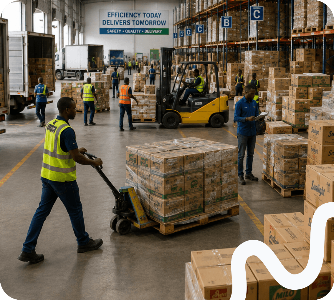 Staff moving pallets on a busy distribution floor