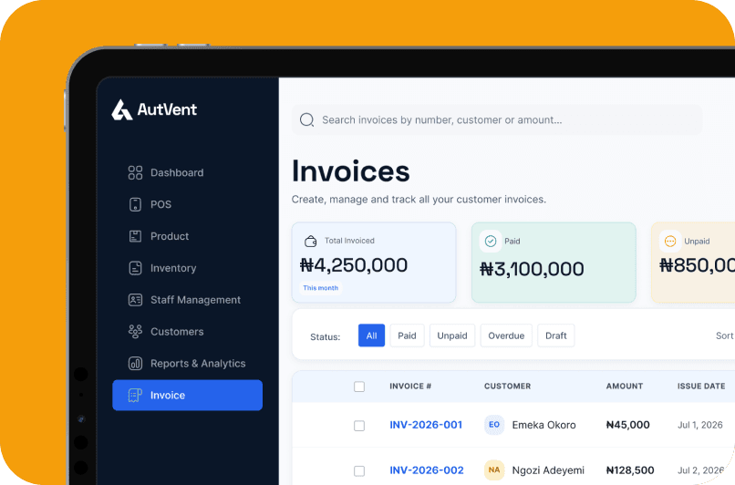 The AutVent invoices screen showing totals invoiced, paid and unpaid